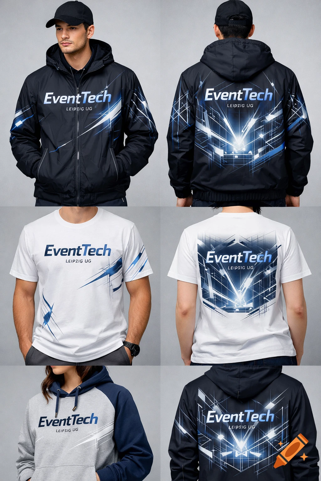 Collection of black and white apparel, featuring models wearing jackets, t-shirts, and hoodies branded with 'EventTech Leipzig UG' and blue tech-inspired designs.