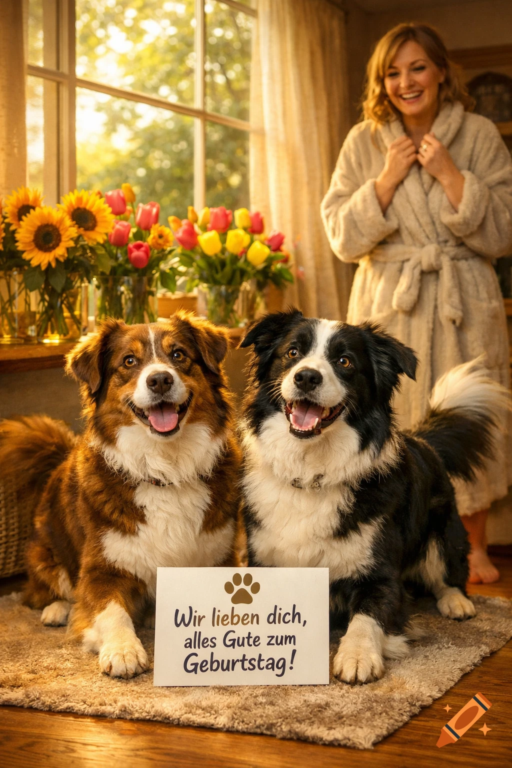 Two happy dogs sit with a birthday card in front of a window with flowers, while a smiling woman in a bathrobe stands behind them.