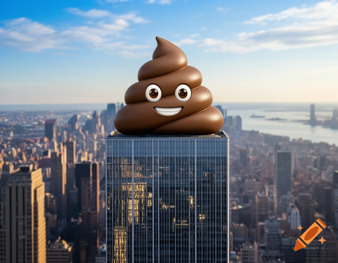 A smiling poop emoji sits atop a tall skyscraper overlooking a sprawling city under a blue sky.