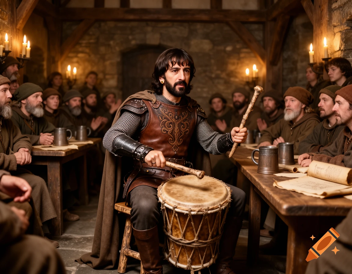 A man in medieval armor and cape plays a hand drum in a candlelit tavern, surrounded by other men.