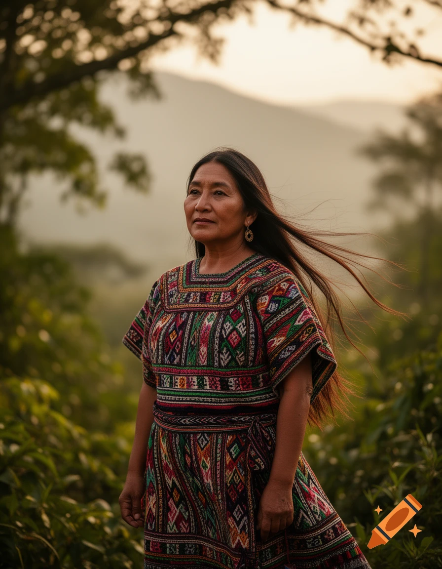 Long-haired woman in a colorful patterned dress stands outdoors with a mountain backdrop at sunset.
