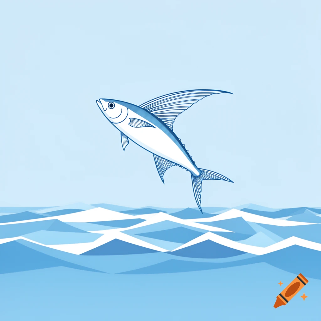 A stylized white and blue flying fish jumps out of the ocean waves, facing left.