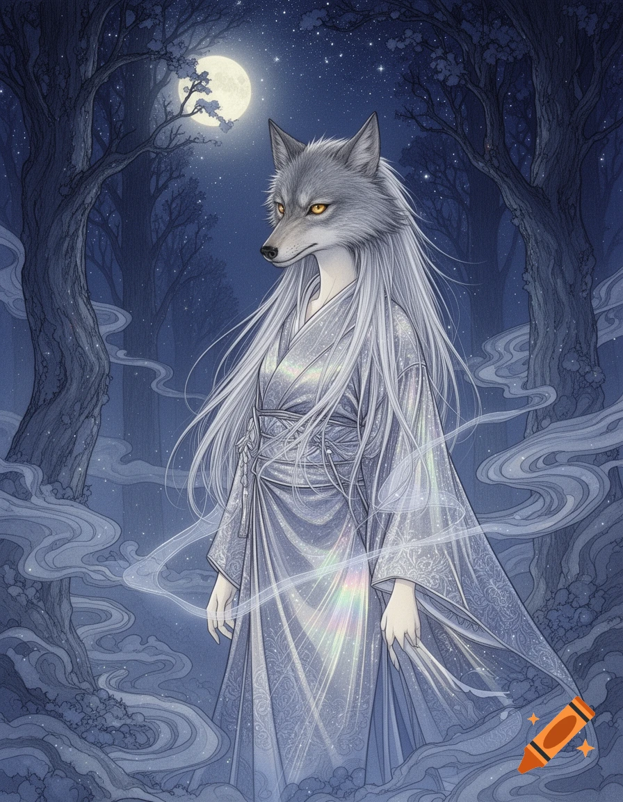 A wolf-headed woman with long white hair in a shimmering gown stands in a dark, misty forest under a full moon, in a fantasy art style.