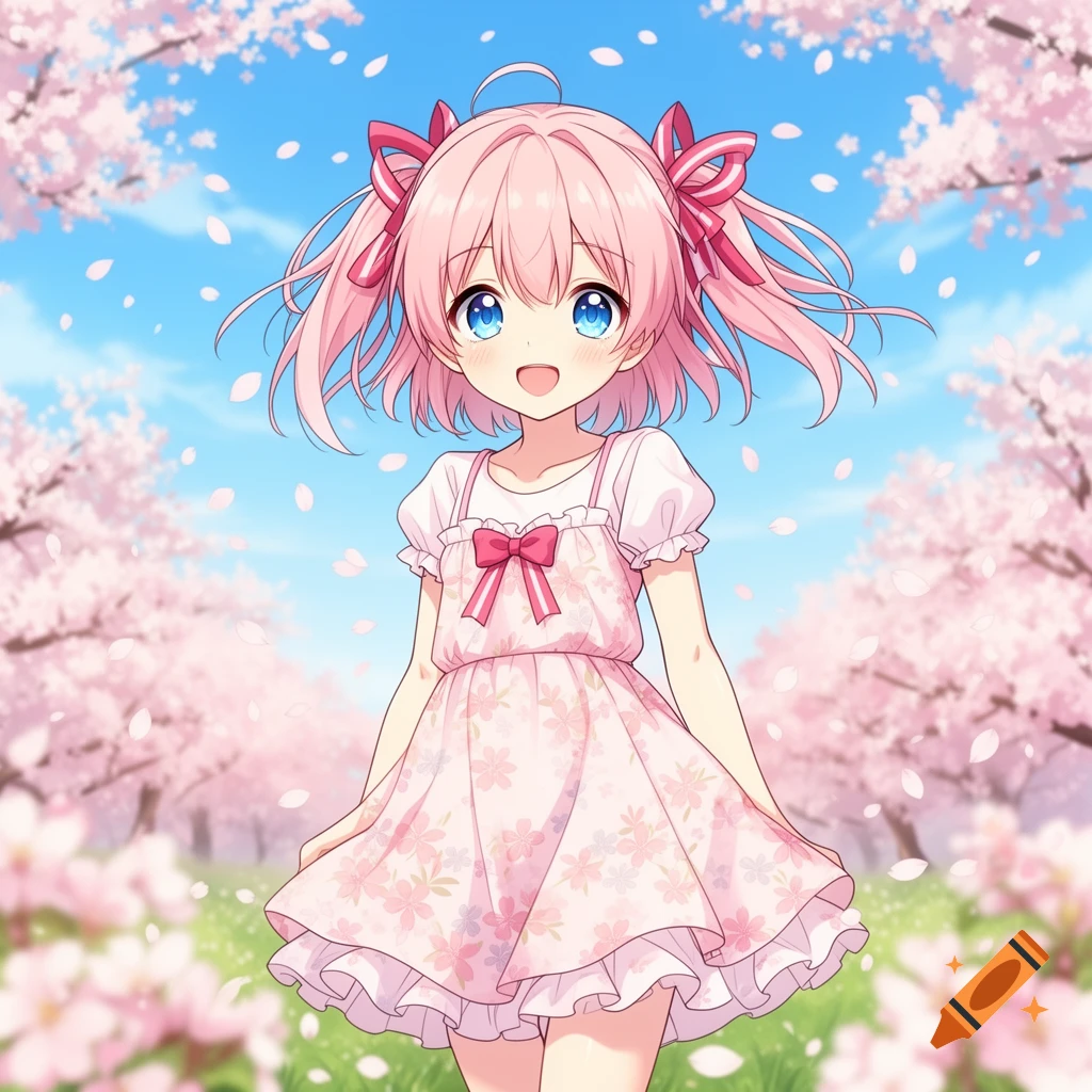 Smiling anime girl with pink hair and blue eyes, wearing a pink dress, stands among cherry blossoms under a blue sky.