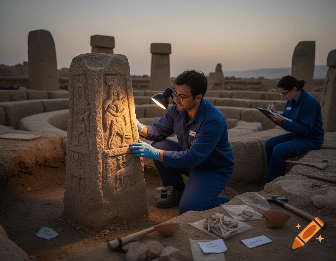 Two archaeologists examine an ancient stone stele with carvings at an excavation site during sunset, surrounded by tools and artifacts.