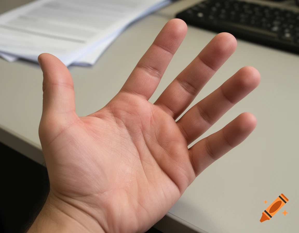 A close-up, high-angle shot of a person's open palm with five fingers, resting on a light-colored desk with blurred papers and a keyboard in the background.