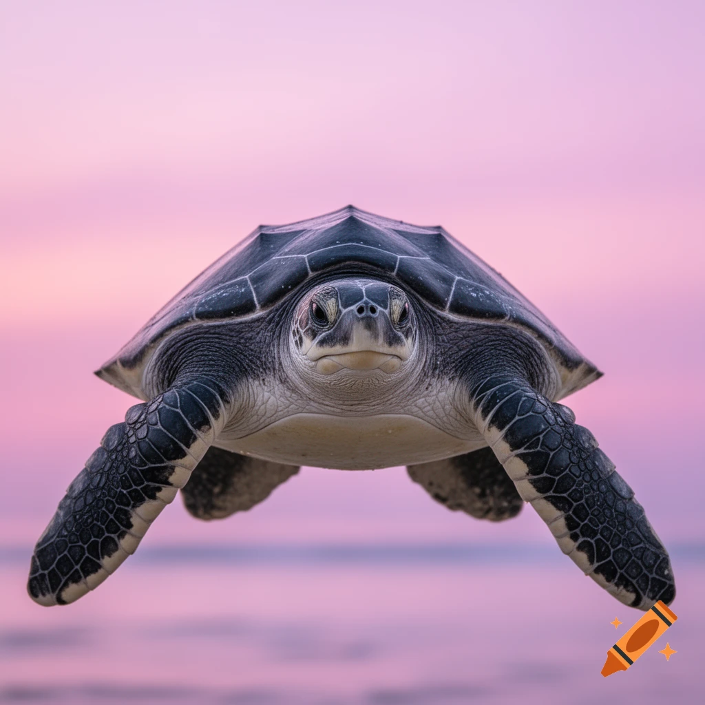 Close-up, front-facing view of a green sea turtle floating against a vibrant pink and purple gradient background.