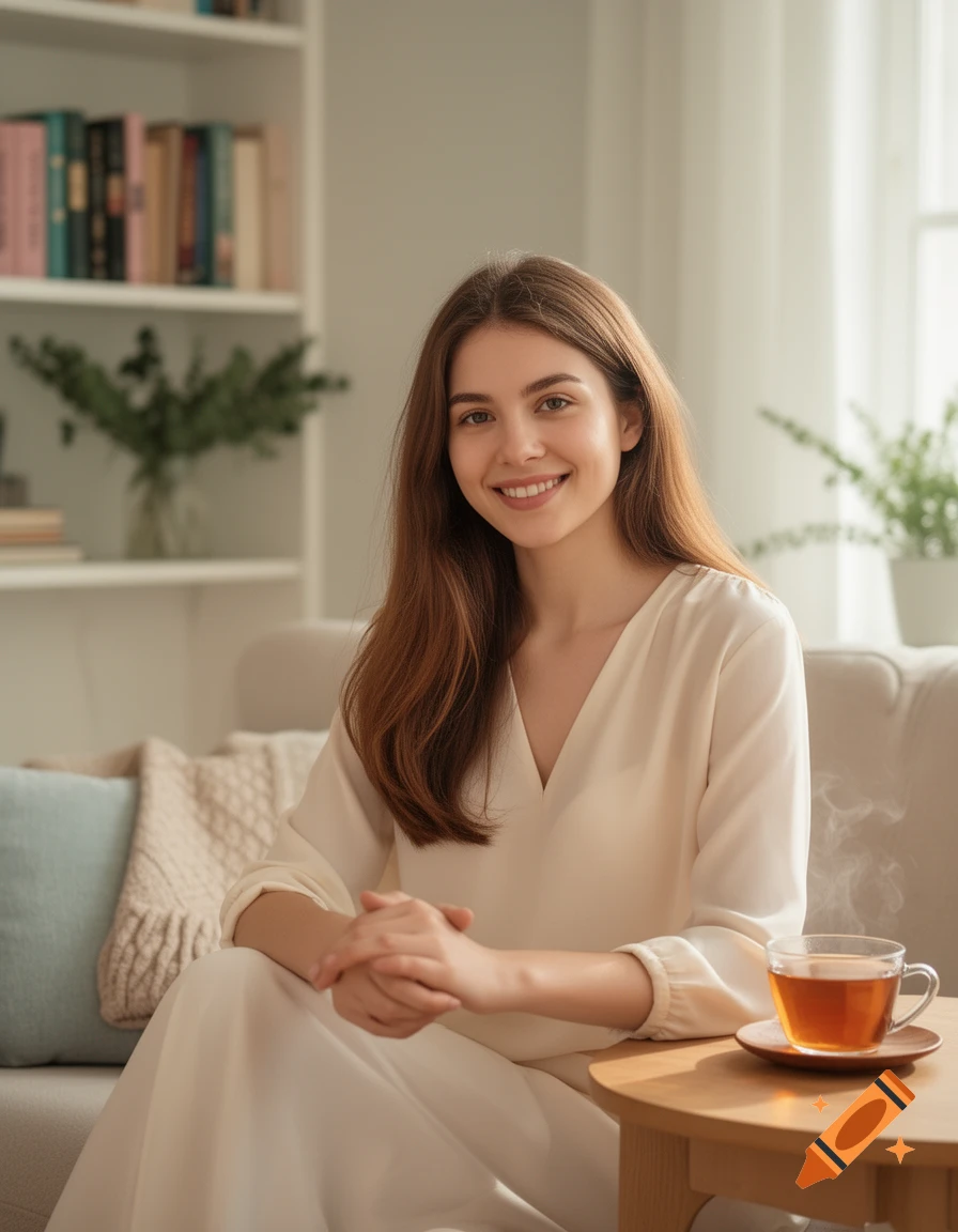 A smiling young woman with long brown hair sits on a couch in a bright living room, hands clasped, next to a steaming cup of tea.