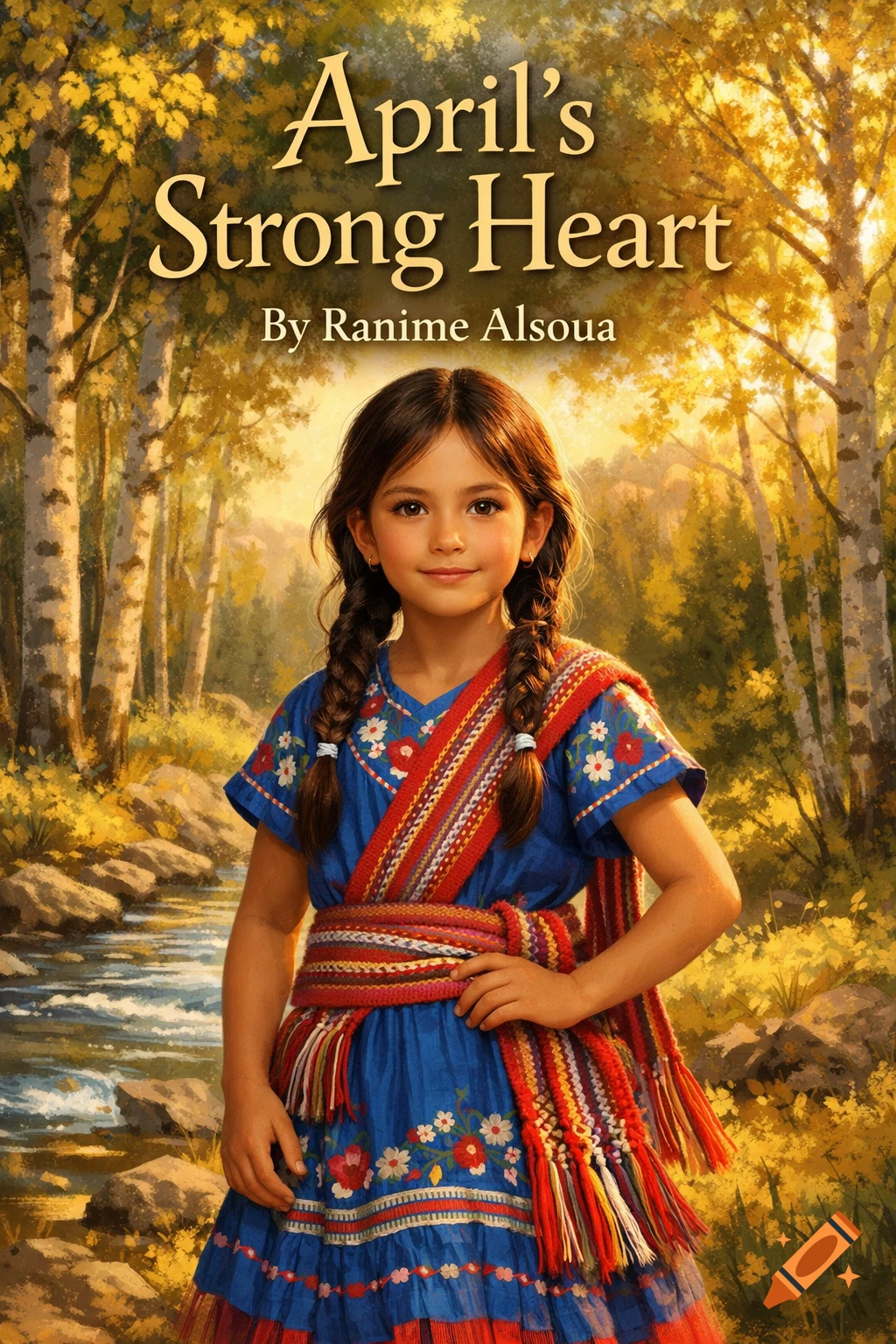 A smiling young girl in a blue dress with traditional embroidery and a woven sash stands in a sunlit forest. The text "April's Strong Heart" is visible.