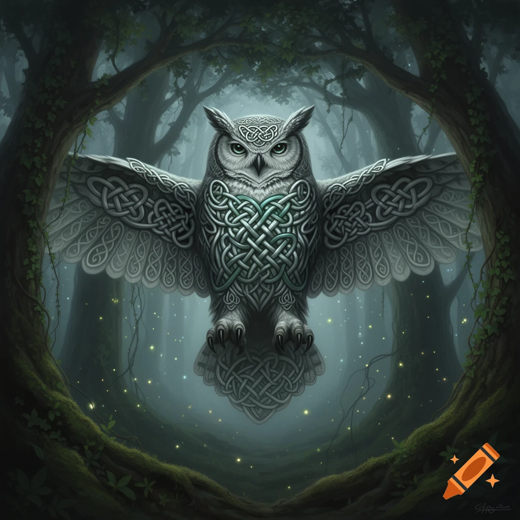 A majestic owl made of intricate gray Celtic knot patterns with green eyes, wings spread in a dark, mystical forest with glowing specks.