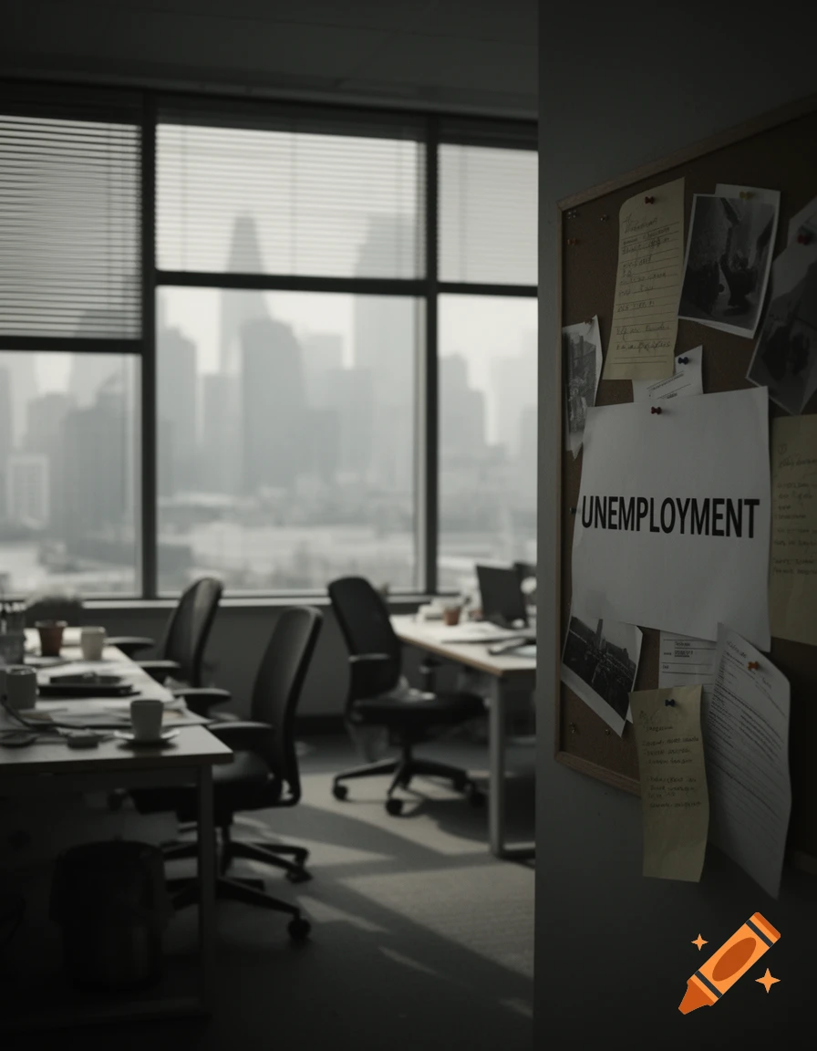 An empty, dimly lit office with a 'UNEMPLOYMENT' sign on a cork board and a blurry city skyline outside the window.