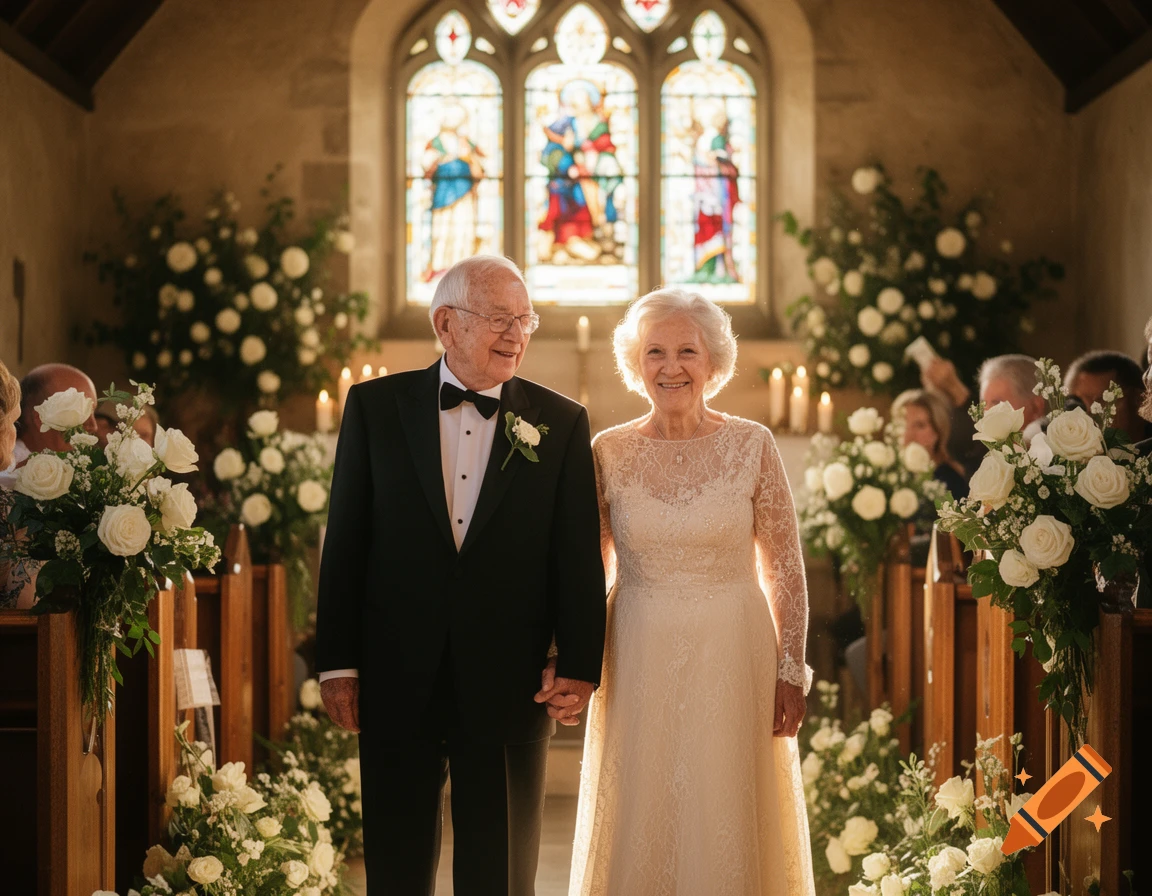 Smiling elderly couple in wedding attire holding hands in a sunlit church aisle adorned with white flowers and stained glass windows.