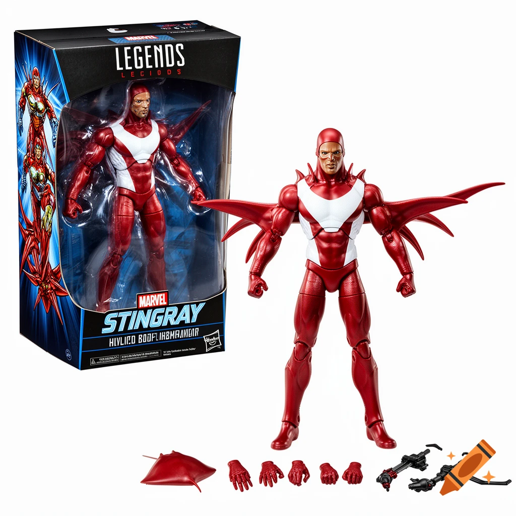 Marvel Legends Stingray action figure, both in its modern window box packaging and loose with accessories on a white background, photorealistic style.