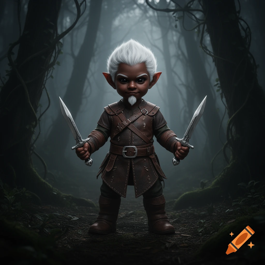 A stylized young gnome with dark skin, white hair, and a goatee stands in a dark forest, holding two daggers.