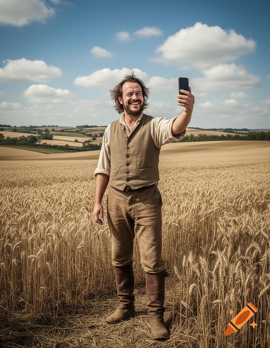 A smiling man dressed as a 19th-century farmer takes a selfie in a golden wheat field under a blue sky.