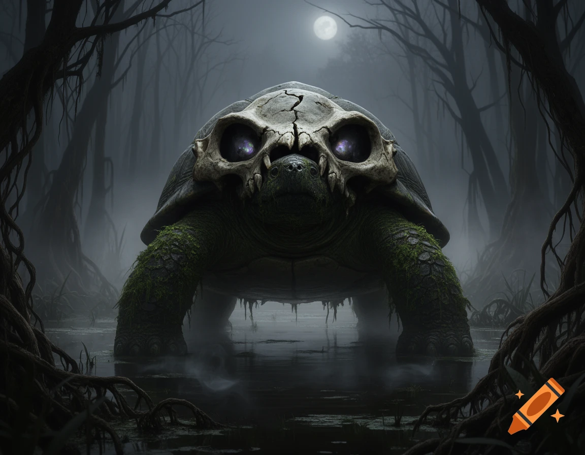 A monstrous turtle with a cracked skull shell and glowing purple eyes stands in a foggy swamp under a full moon.