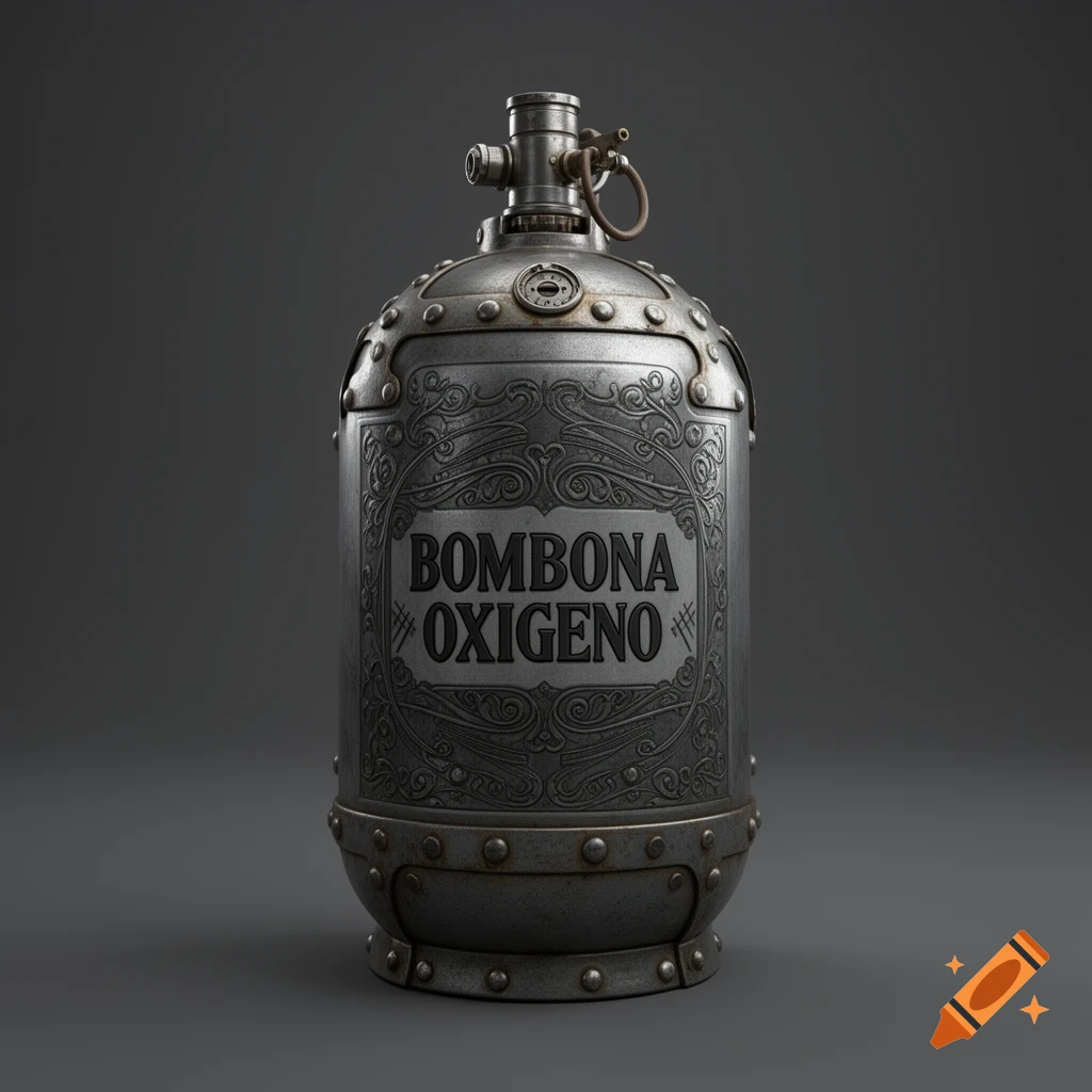 A steampunk-style oxygen tank, made of ornate metal with rivets, on a dark gray background.