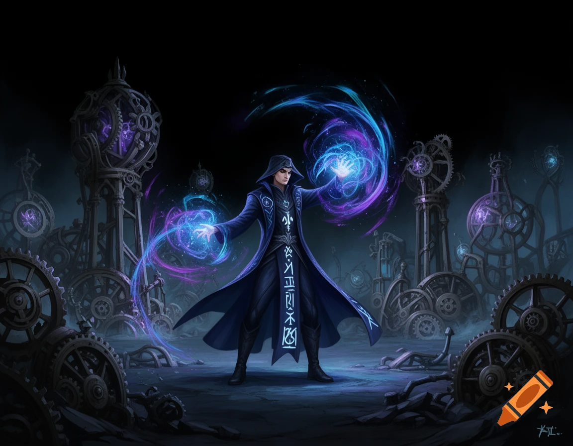 A cloaked wizard casts glowing purple and blue magic amidst dark, abandoned steampunk machinery.