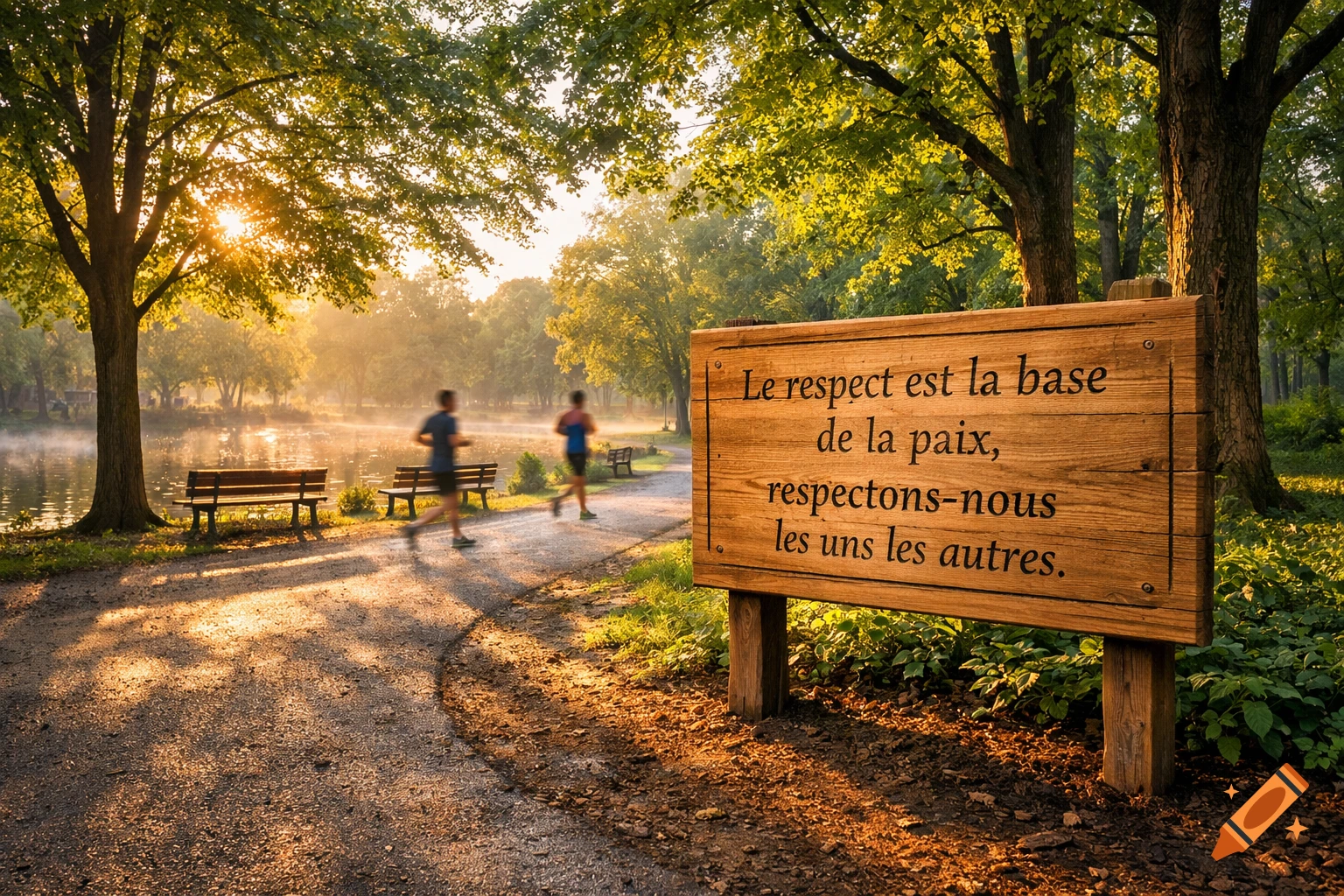 Photorealistic image of two people jogging on a path next to a lake at sunrise, with a wooden sign on the right.