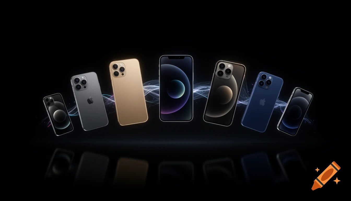 A lineup of different colored smartphones, including gray, gold, and blue, floating in a curved arc against a dark, reflective background.