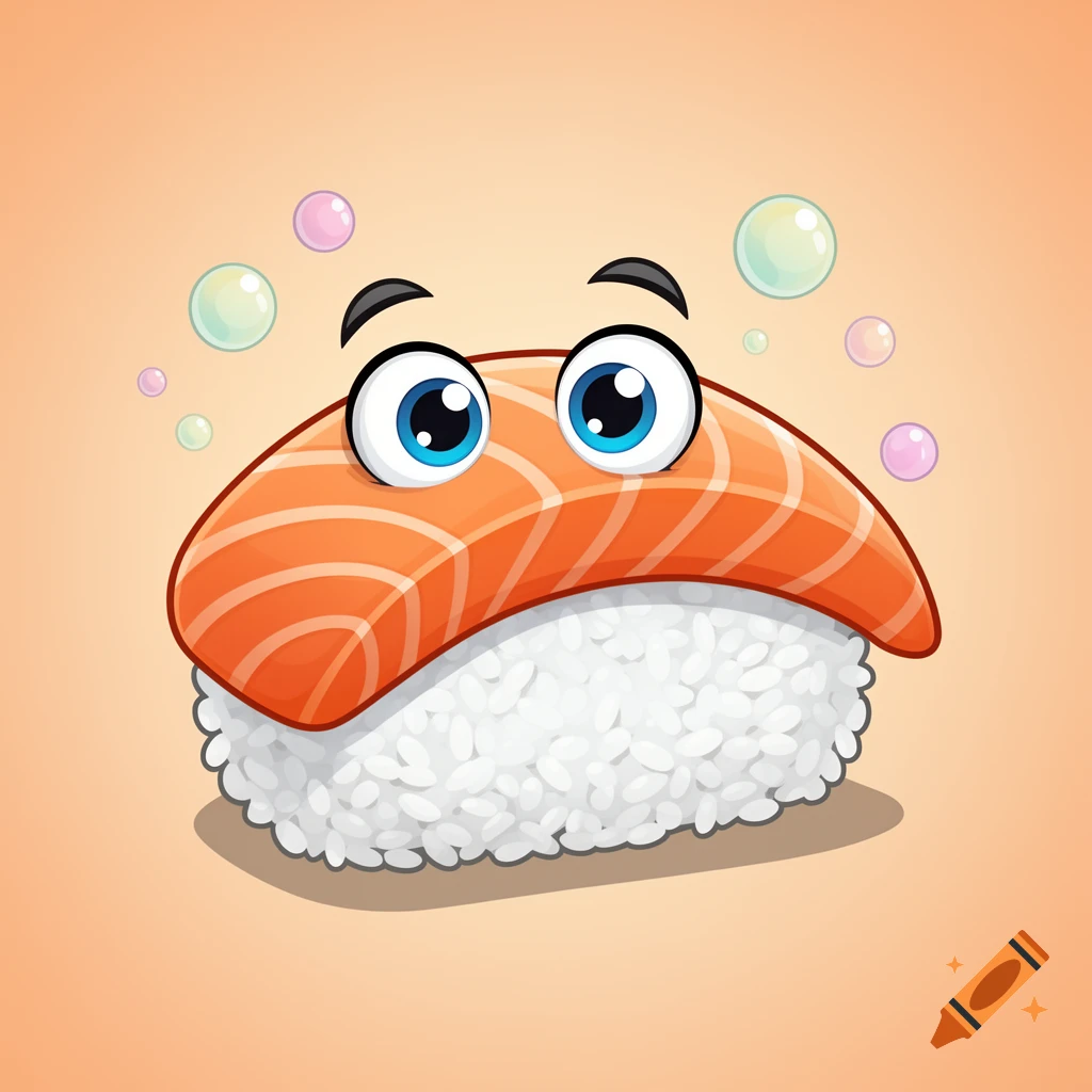 A cute cartoon salmon sushi character with big blue eyes, on a light orange background with small colorful bubbles.
