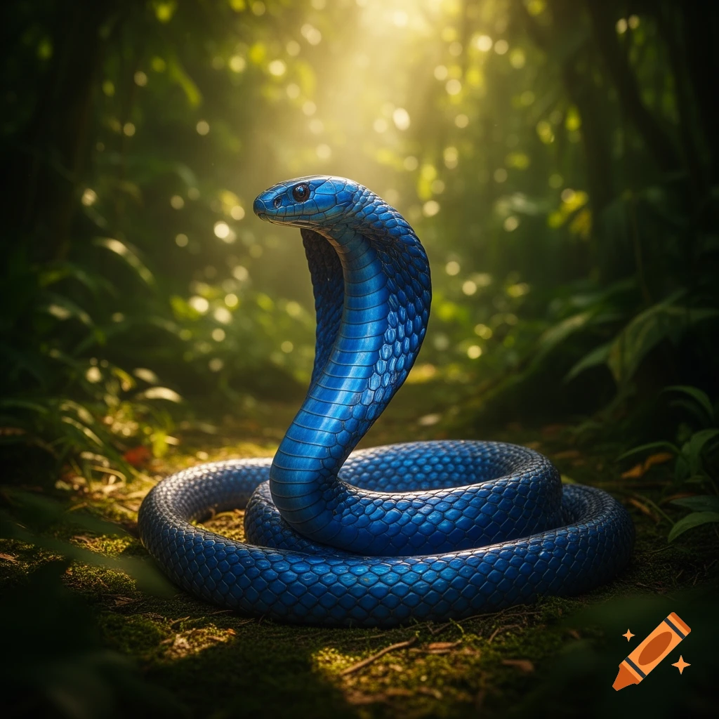 A vibrant azure cobalt blue cobra, coiled with its head raised, in a lush, sun-dappled jungle setting.