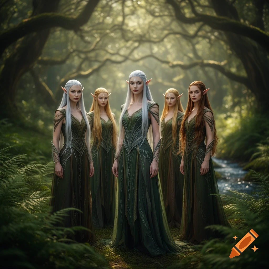 Five female elves with long hair in green dresses standing in a mystical forest with a stream.