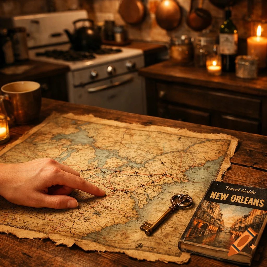 A hand points at an antique map on a rustic wooden table, next to a vintage key and a 'New Orleans Travel Guide' in a dimly lit kitchen.