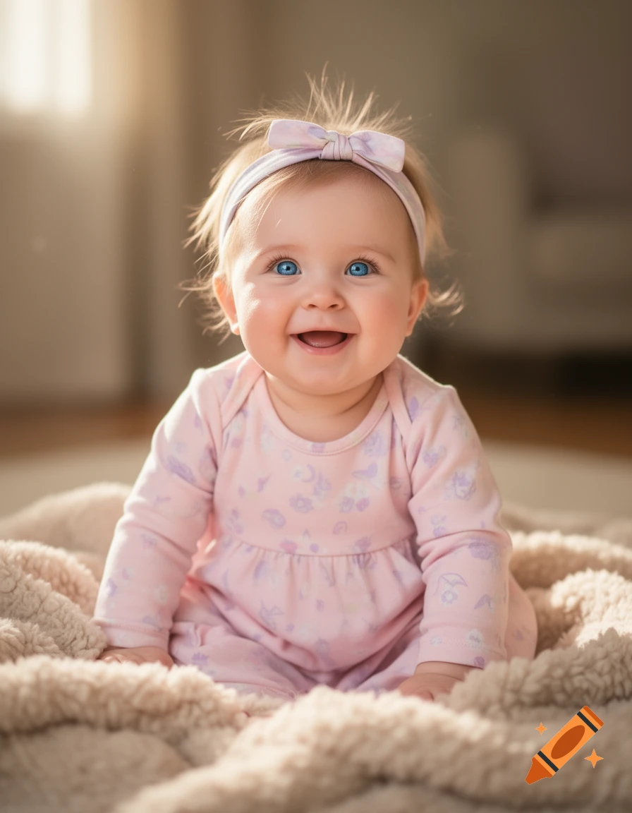 A photorealistic portrait of a smiling baby girl with bright blue eyes, sitting on a cozy blanket, wearing a pink outfit and bow headband.