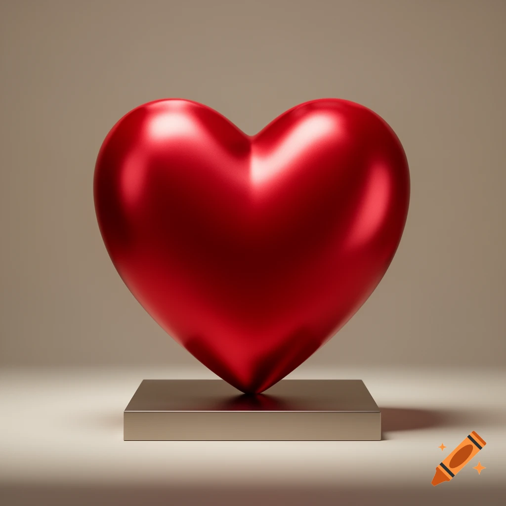 A glossy red heart sculpture rests on a metallic base against a neutral background.