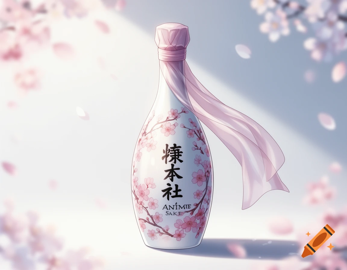 Anime-style sake bottle adorned with pink cherry blossoms and a floating pink ribbon against a soft light background.