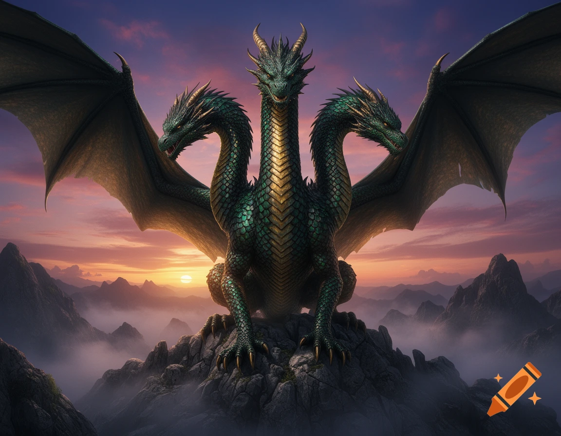 A majestic three-headed green dragon with gold scales sits atop a rocky mountain peak at sunset, with vast misty mountains in the background.