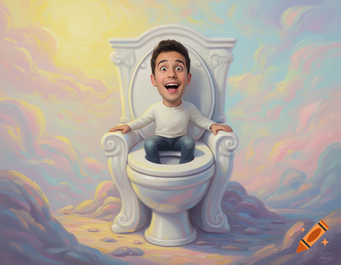 A wide-eyed caricature of a man with a large head sitting on an ornate toilet-throne amidst a pastel cloudscape, in an oil painting style.