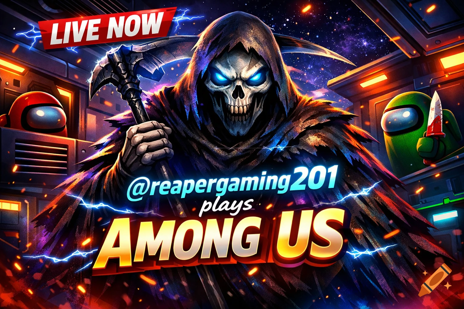 Gaming thumbnail of a Grim Reaper and Among Us characters (red and green with a bloody knife) in a spaceship, with text 'LIVE NOW @reapergaming201 plays AMONG US'.
