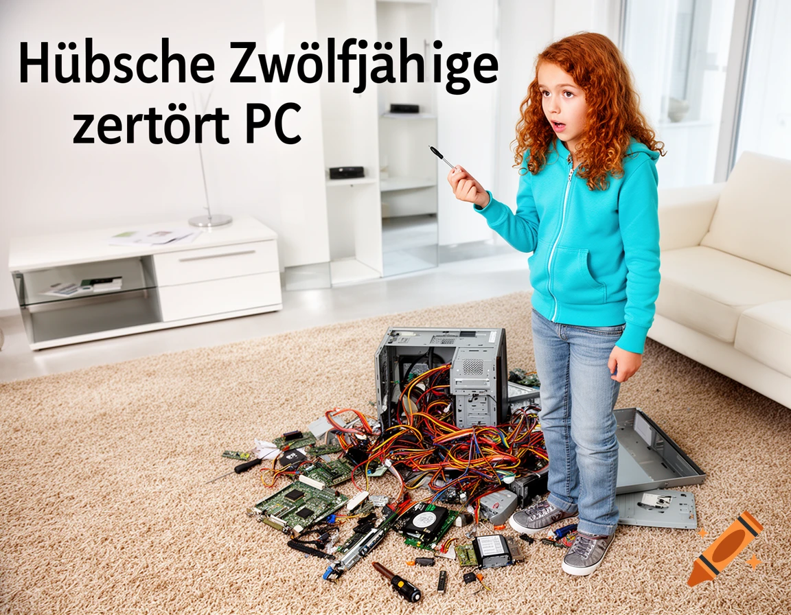 A surprised young girl stands next to a dismantled computer in a living room, with the text 'Hübsche Zwölfjährige zerstört PC'.