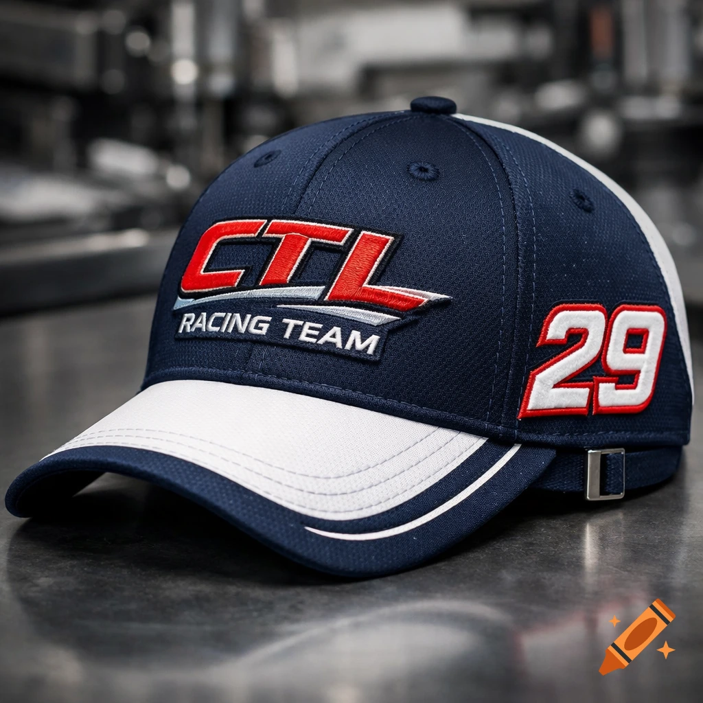 A navy blue and white baseball cap with 'CTL RACING TEAM' and the number '29' embroidered in red and white.