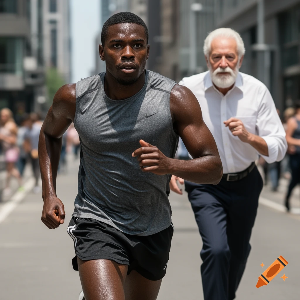 A muscular Black man in a grey tank top and black shorts runs, sweating, on a city street, with an older white man running behind him.