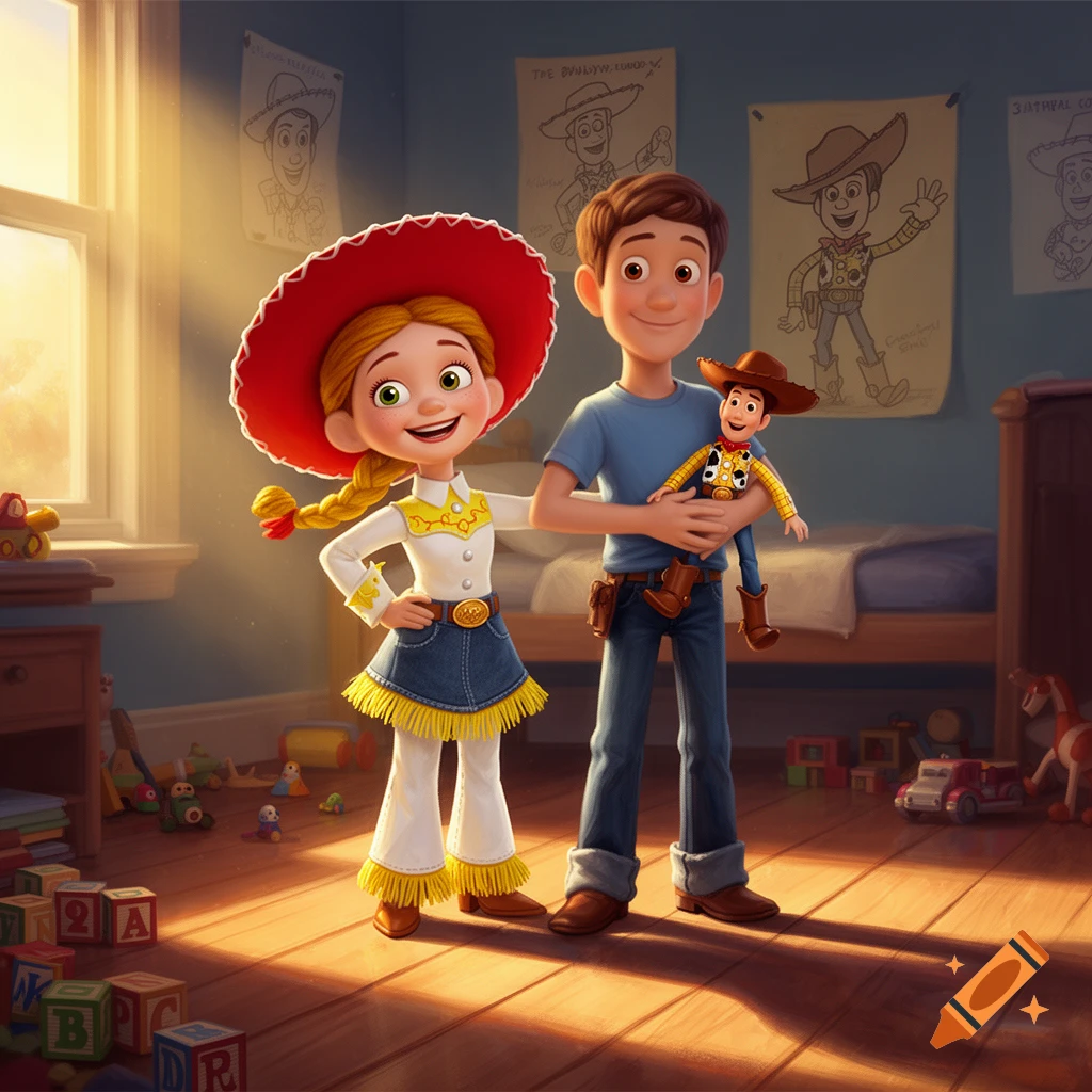 Jessie and a boy resembling Andy from Toy Story, holding a Woody doll, stand in a sunlit bedroom with toys on the floor.