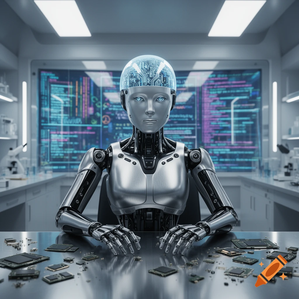Photorealistic humanoid robot with a clear, circuit-filled head, sits at a lab table with computer chips in a futuristic science lab.