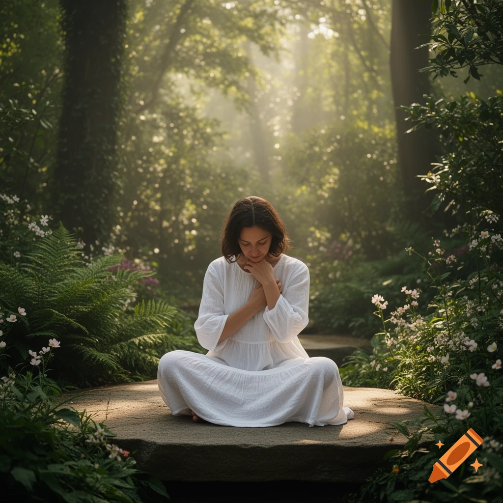 A woman in a white dress sits cross-legged, meditating in a lush, sunlit forest.