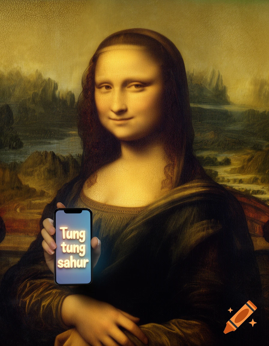 Mona Lisa in a classic painting style holds up a smartphone with glowing text 'Tung tung sahur'.