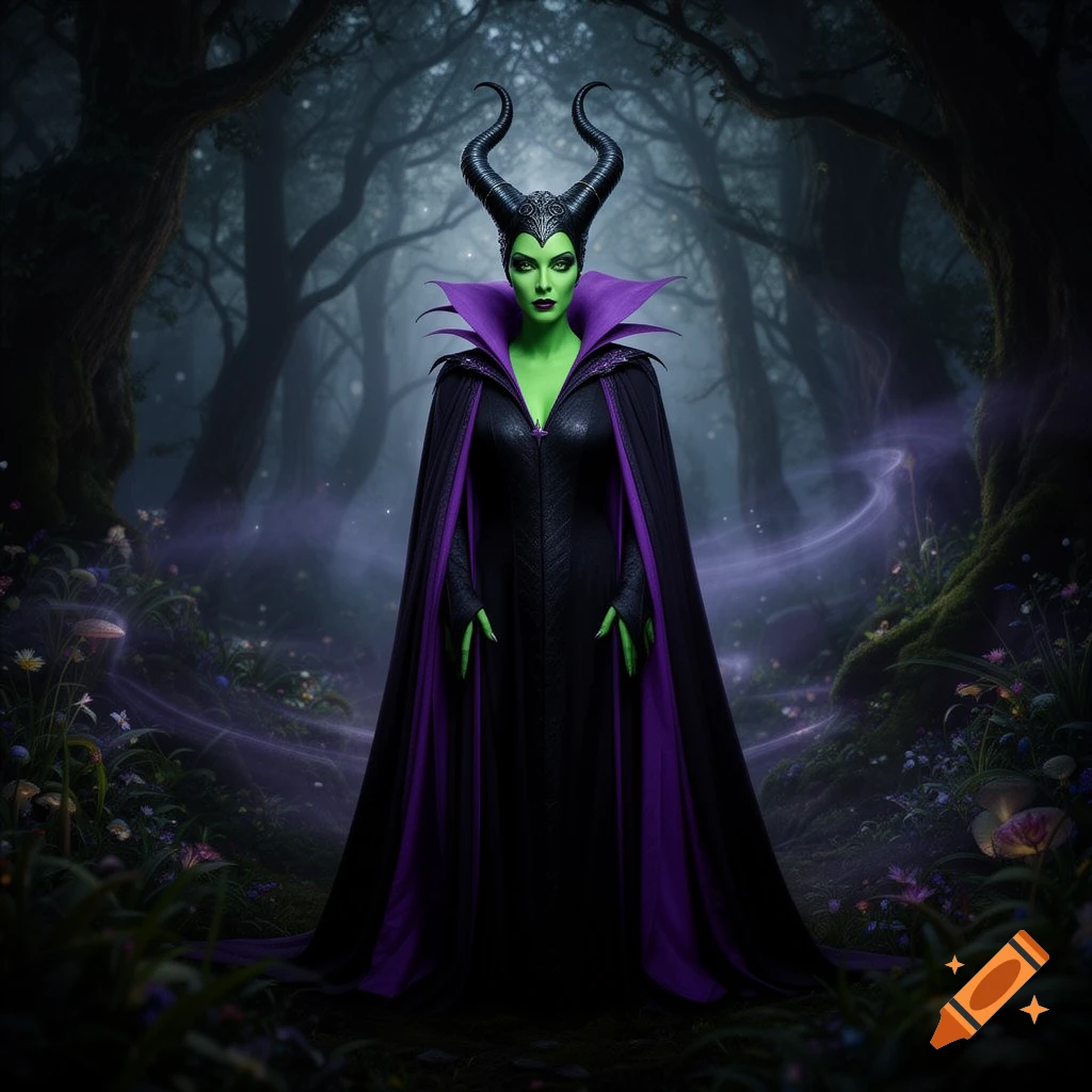 Maleficent with green skin, prominent horns, and a dramatic black and purple cape stands in a dark, misty forest with glowing purple tendrils.