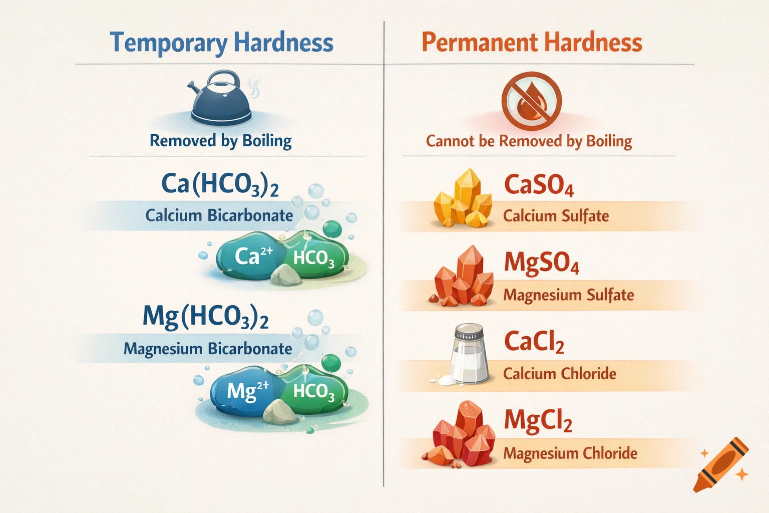 Educational diagram illustrating temporary and permanent water hardness with chemical formulas and properties.