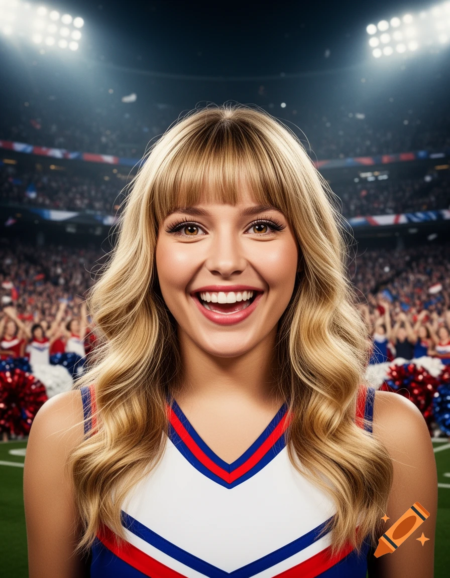 A smiling blonde cheerleader with bangs in a red, white, and blue uniform poses in a packed sports stadium.