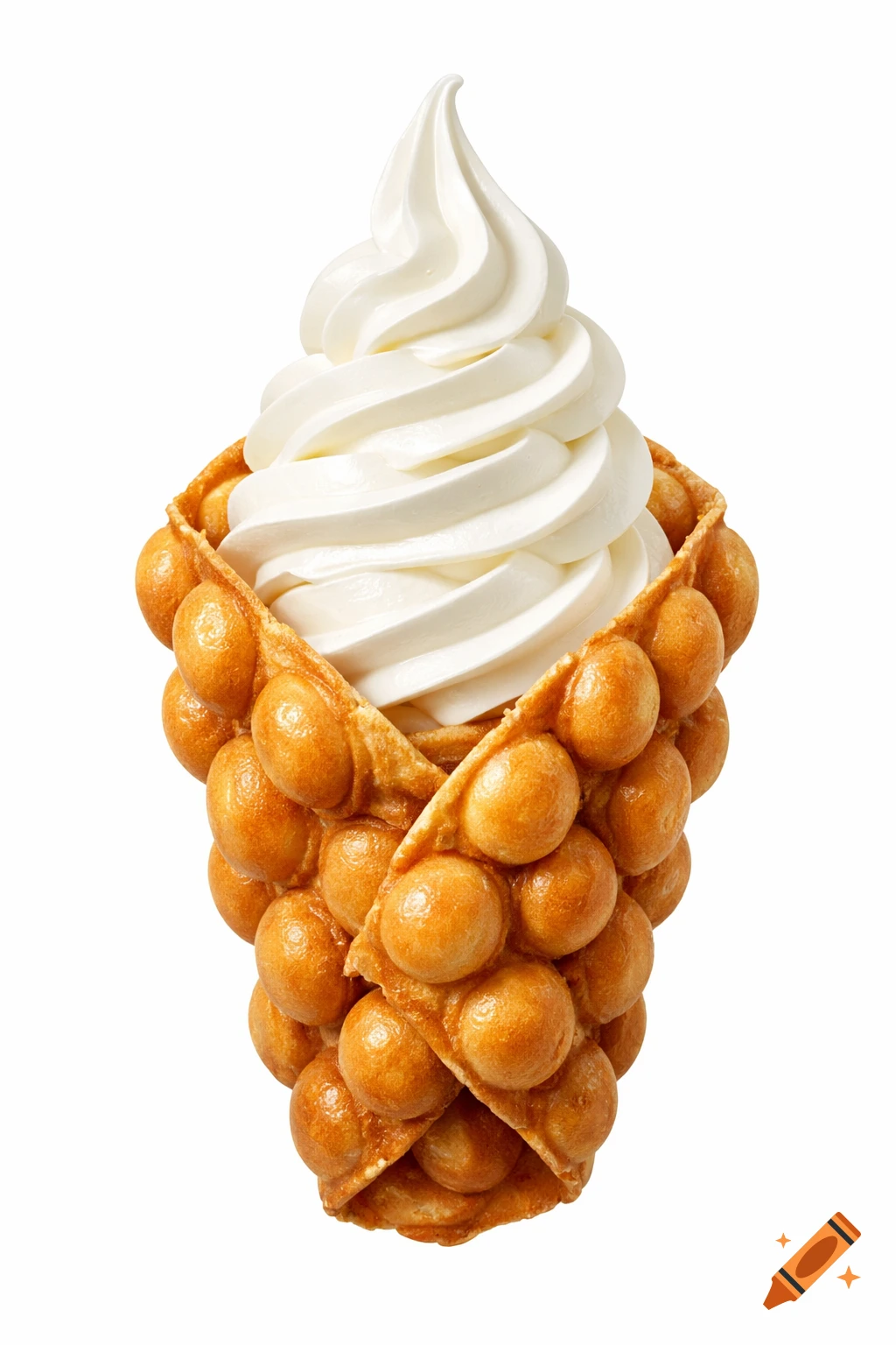 A photorealistic bubble waffle cone filled with soft-serve vanilla ice cream, on a white background.
