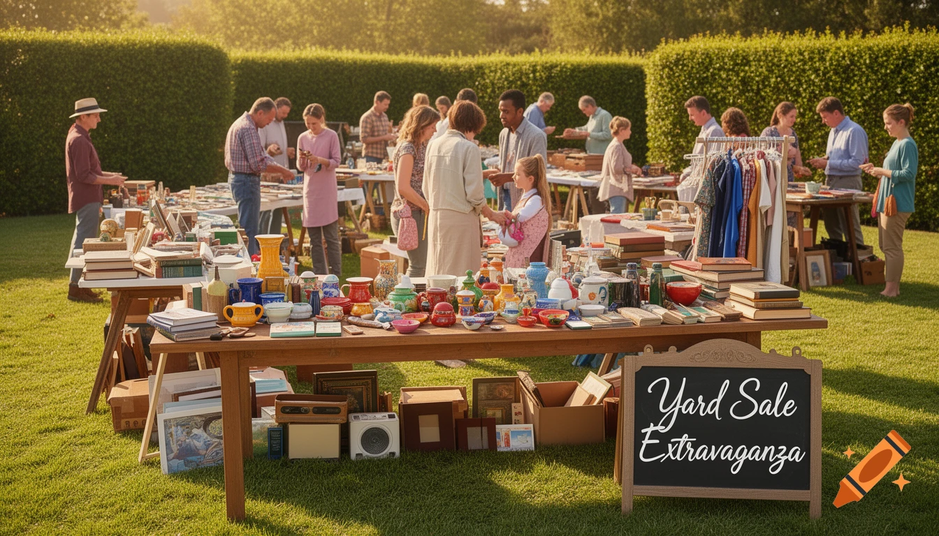 Sunny outdoor yard sale with many people browsing clothes and various items on wooden tables, a chalkboard sign reads 'Yard Sale Extravaganza'.