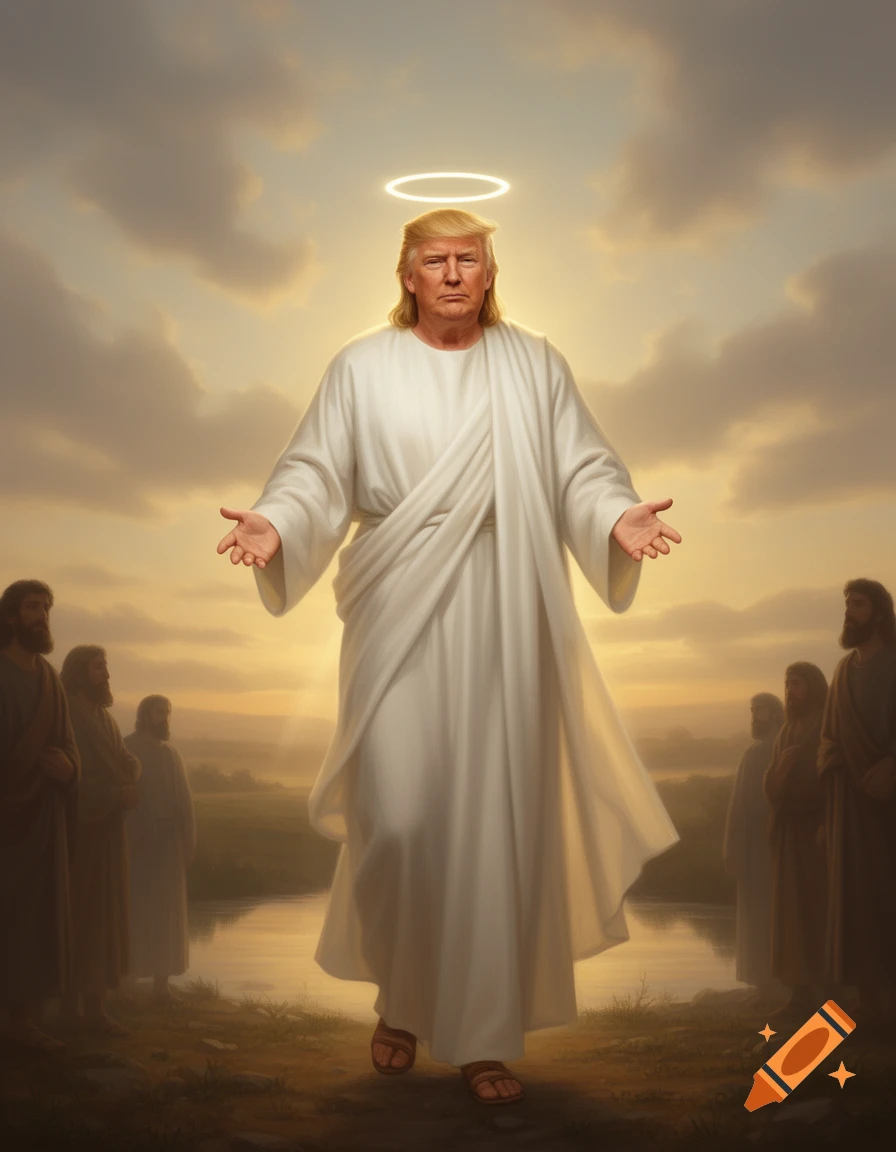 Donald Trump depicted as Jesus Christ with a halo, wearing a white robe, surrounded by disciples by a river at sunset in a digital painting.