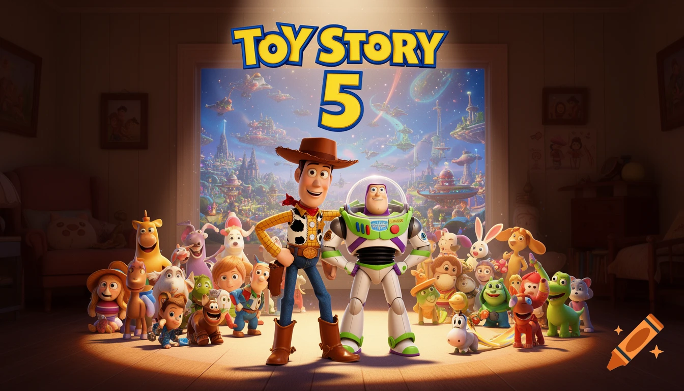 Woody and Buzz Lightyear stand with diverse toy characters in a spotlight, with 'TOY STORY 5' above a fantastical city background.