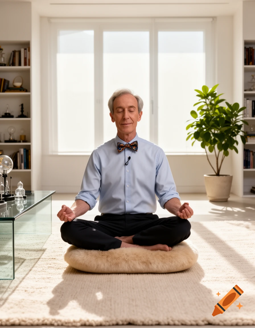 Bill Nye meditating in lotus position on a fur cushion in a bright, modern room.