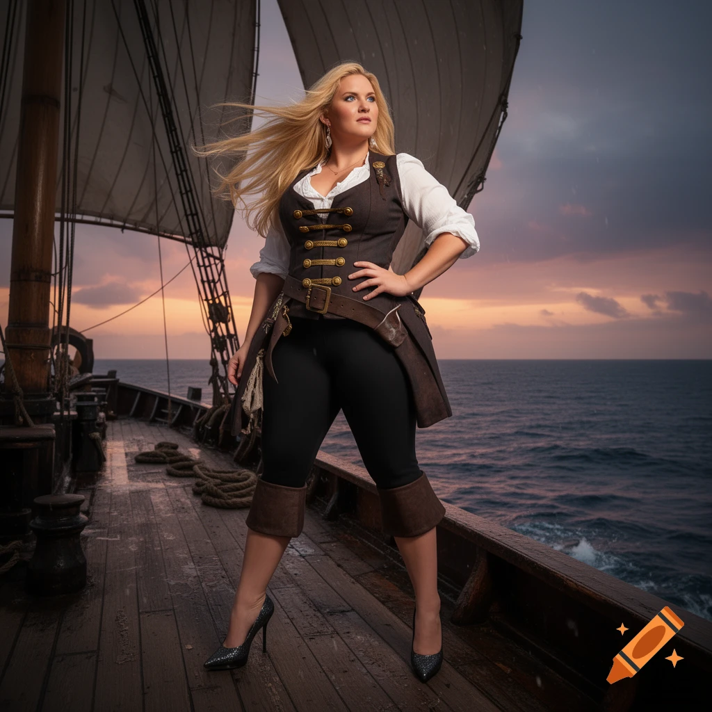 A blonde woman in pirate attire and high heels stands on a ship's deck at sunset, wind blowing her hair.
